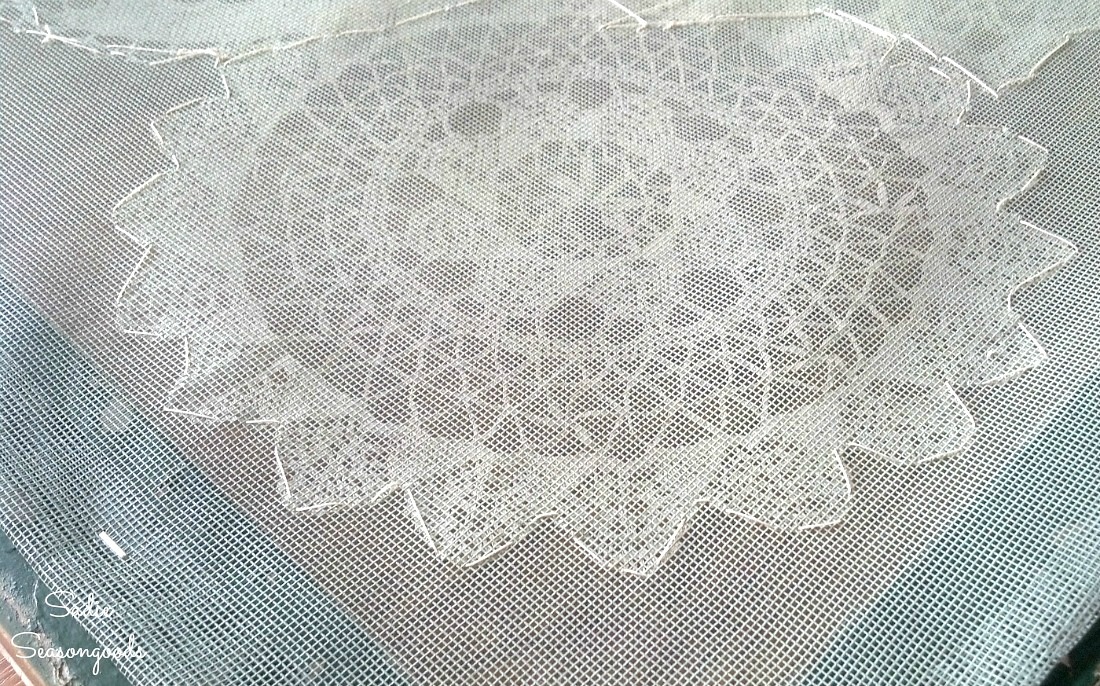 Lace doilies for shabby chic wall decor in vintage window frames