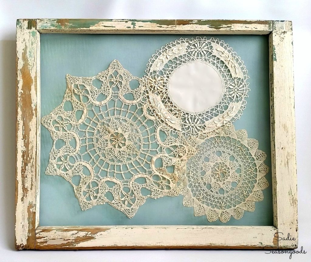 Framed Doilies As Shabby Chic Wall Decor In An Old Window Frame