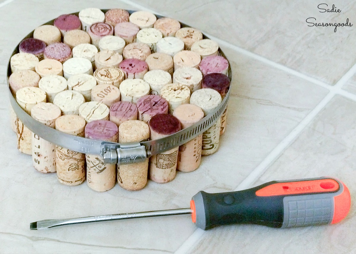 Wine cork projects and cork craft ideas with a stainless steel hose clamp