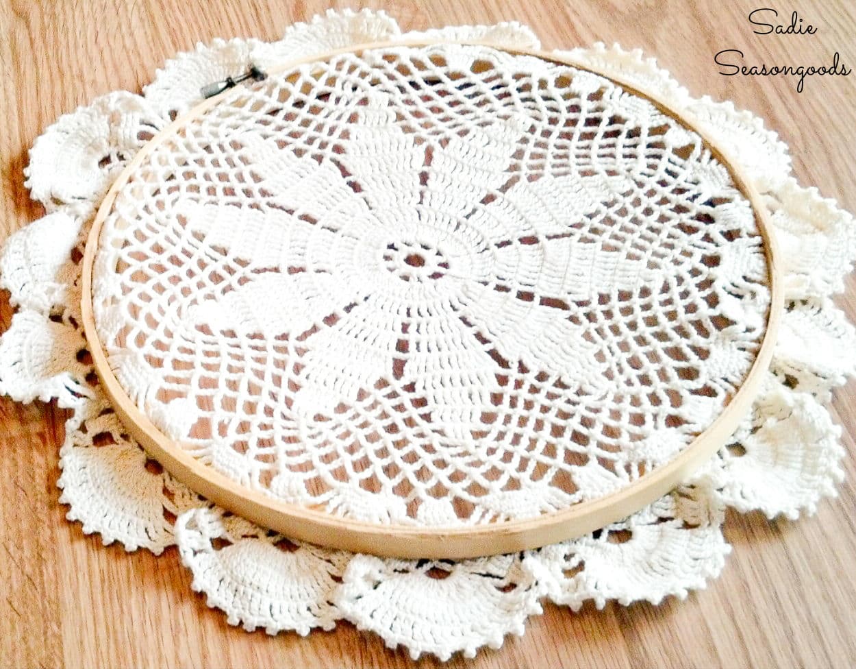 doily art with embroidery hoops