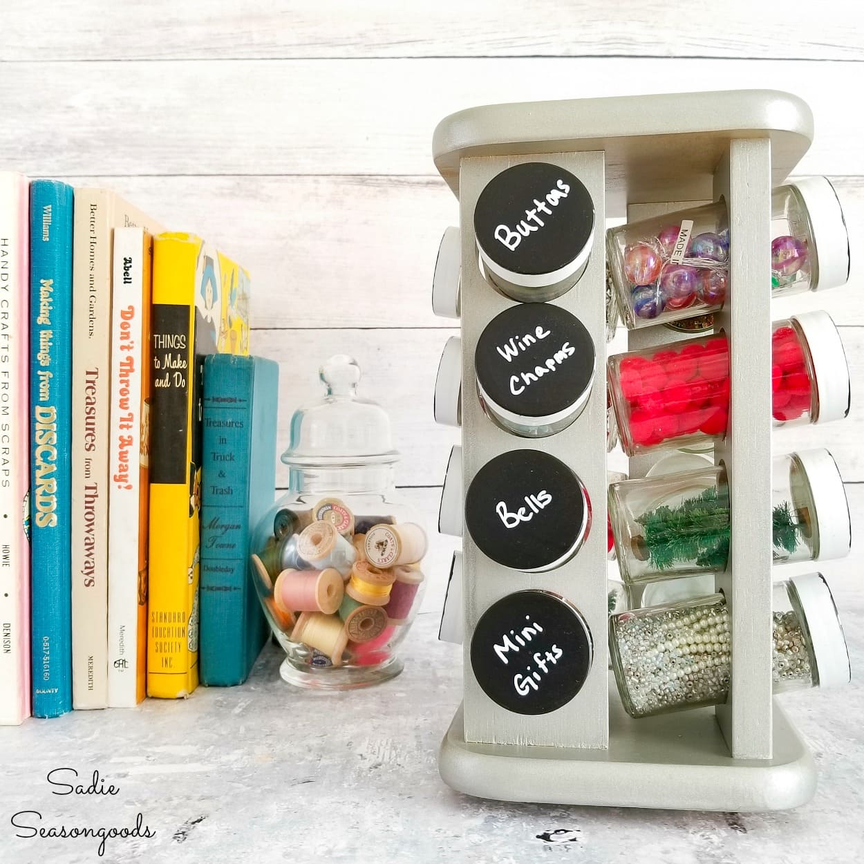 Organizing craft supplies in a spinning spice rack