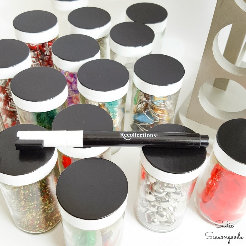 Organizing craft supplies in empty spice jars