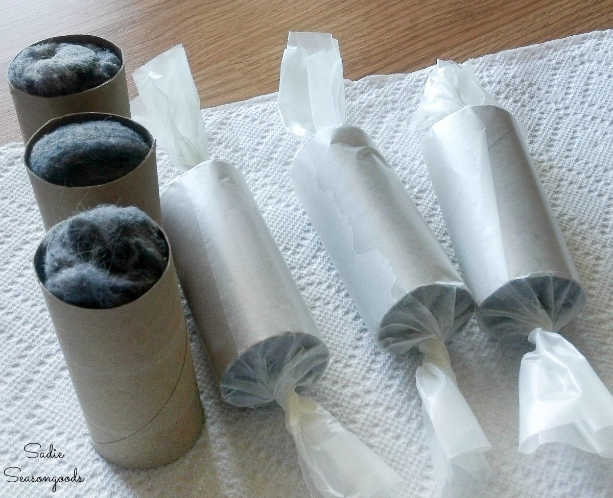 Homemade fire starters with dryer lint and toilet paper rolls