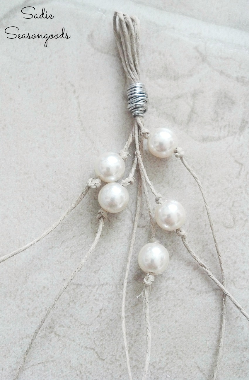 Adding the vintage pearls from thrift store jewelry to the beach bracelets