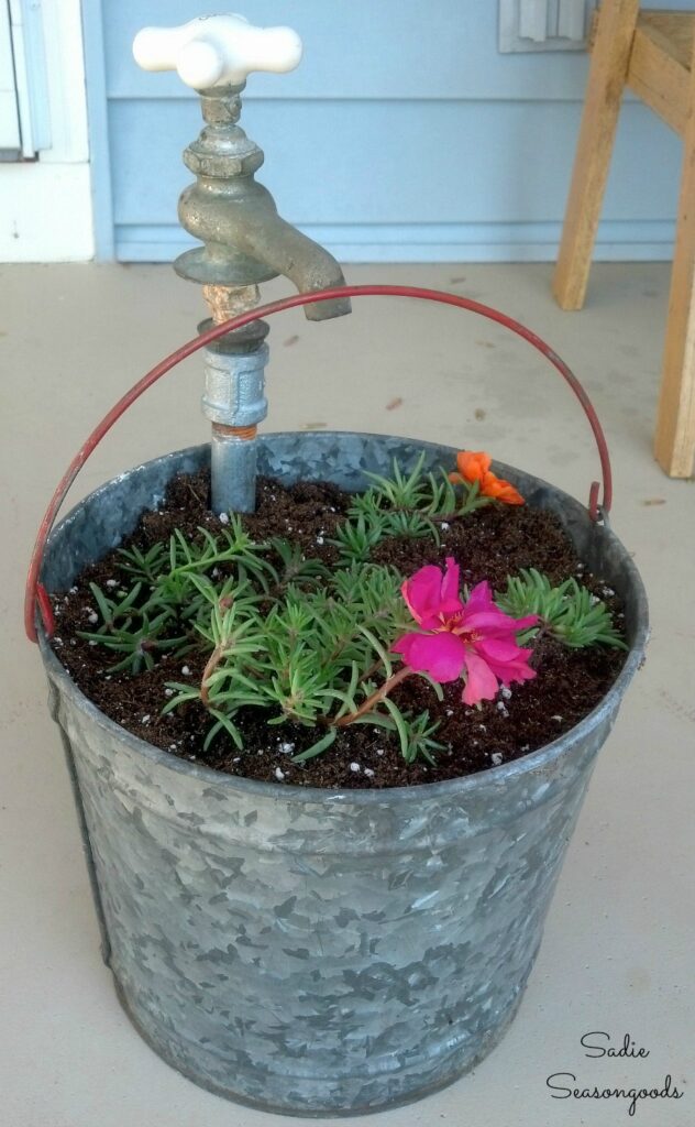 Galvanized Bucket Planter with a Decorative Hose Bibb