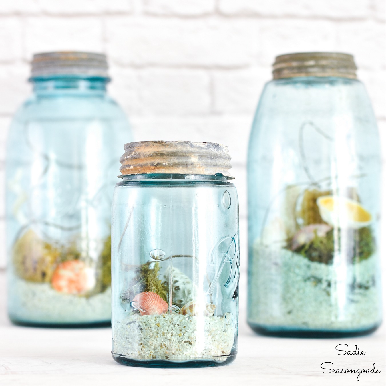 Beach in a Jar with rare mason jars and seashells for ocean decor