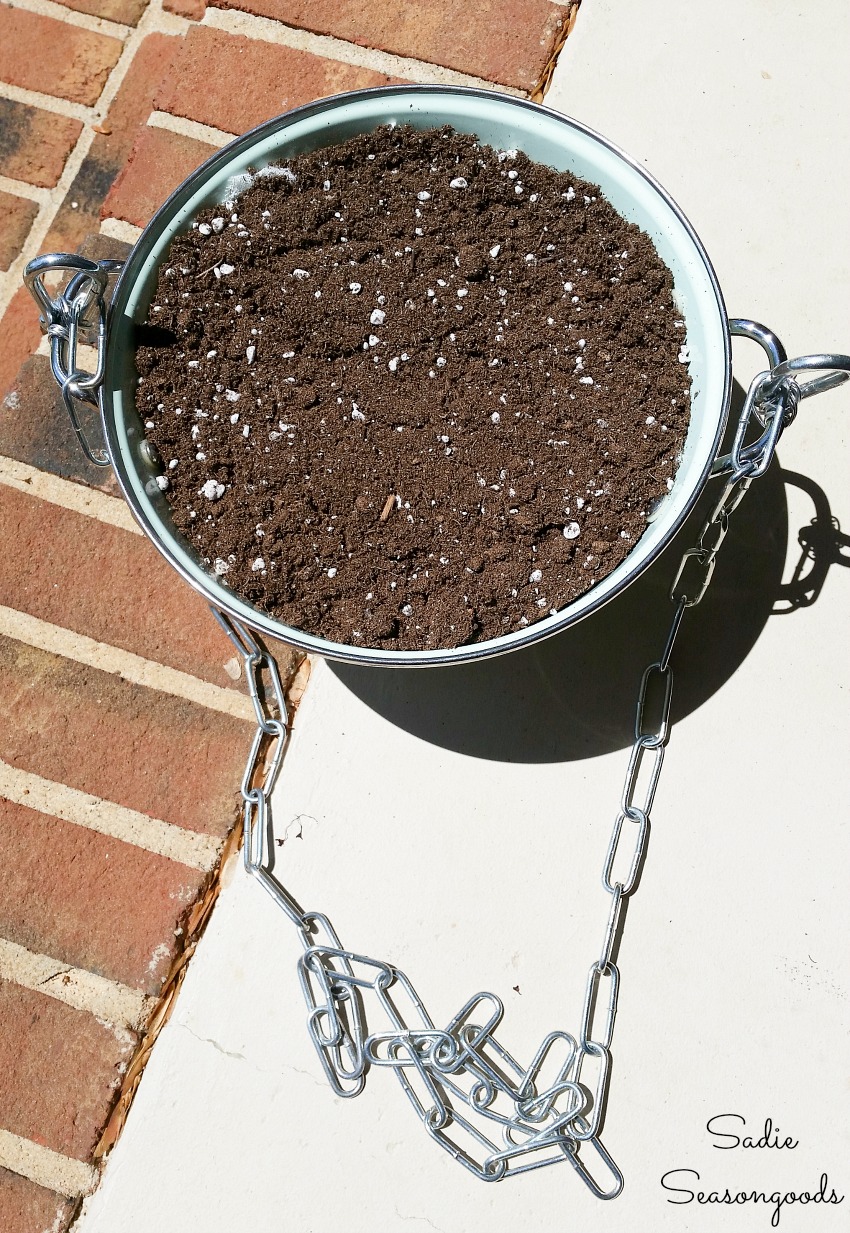 Hanging basket ideas with an enamel colander