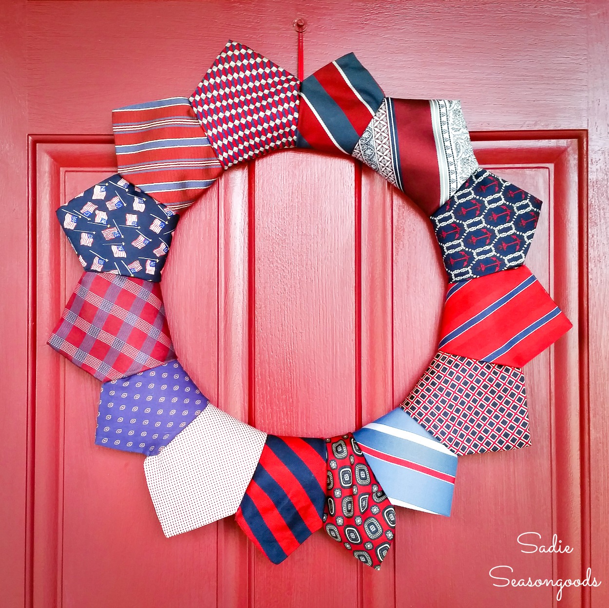 Patriotic wreath for Independence Day with neckties from the thrift store