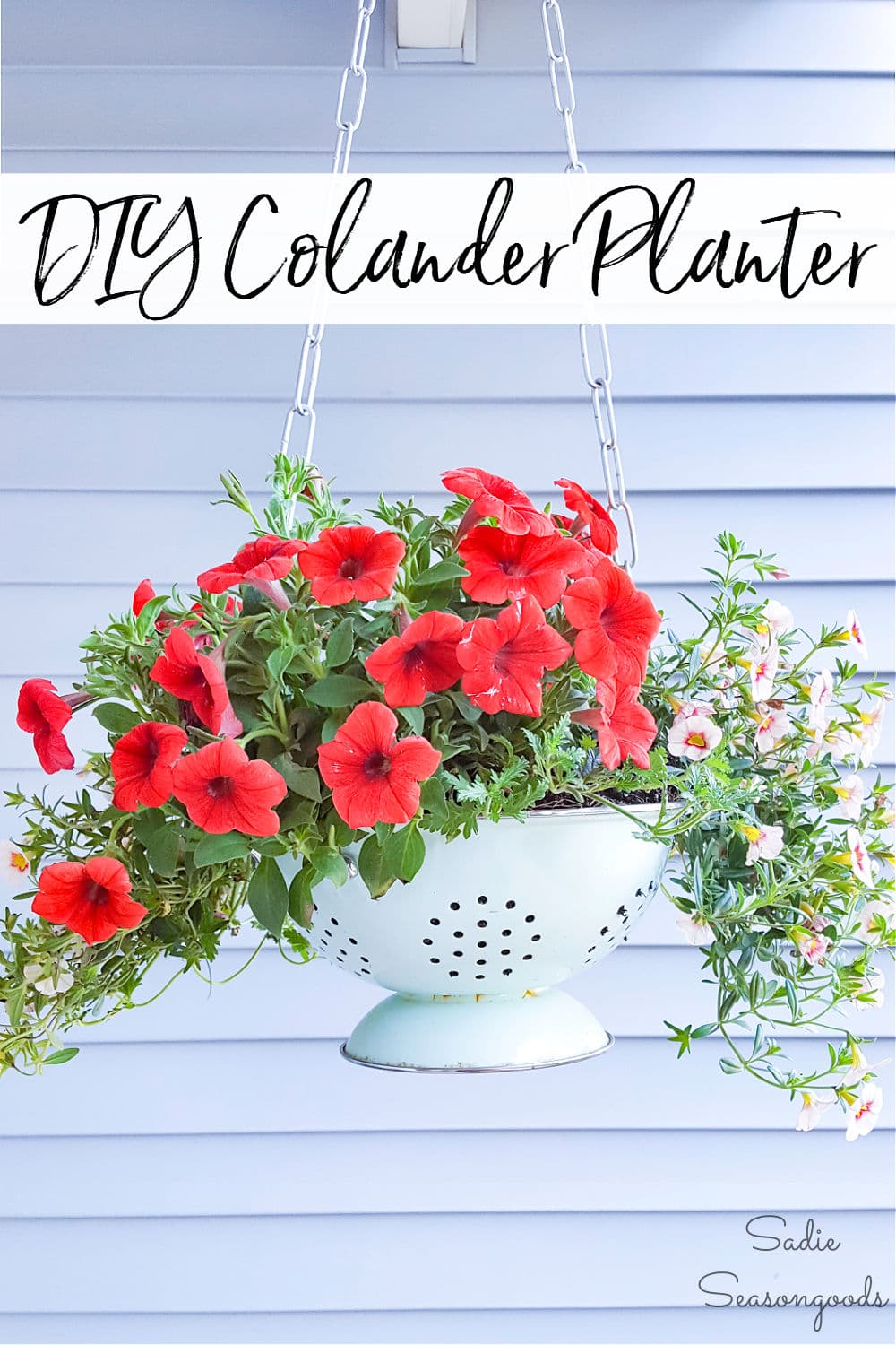 Vintage colander as a DIY outdoor hanging planter