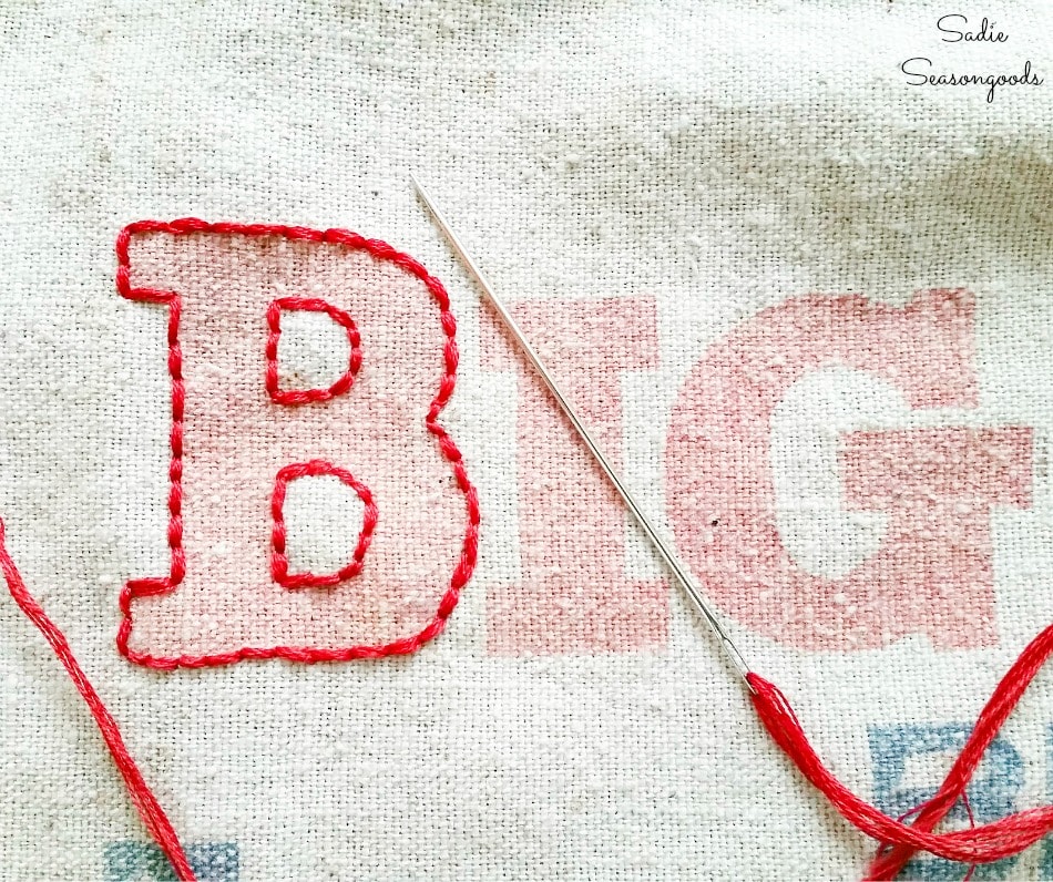 Basic stitch embroidery on feed sack fabric