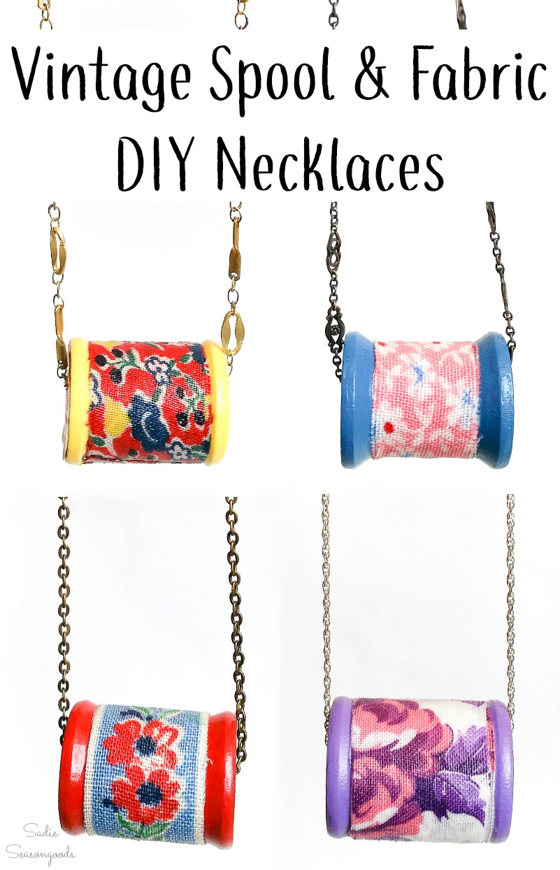 Necklace making with wooden spools and feed sack fabric