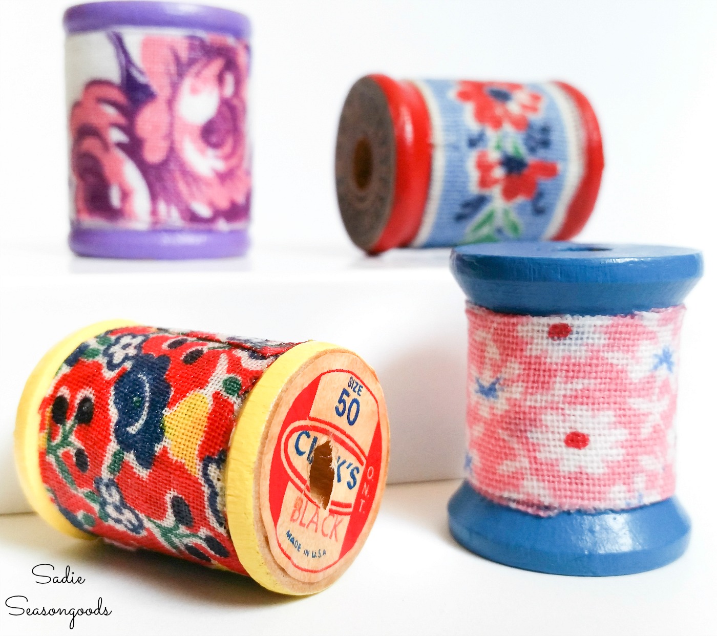 Vintage wooden spools and flour sack fabric as necklace pendants
