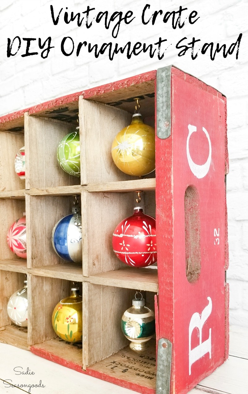 Displaying ornaments in a wooden bottle crate