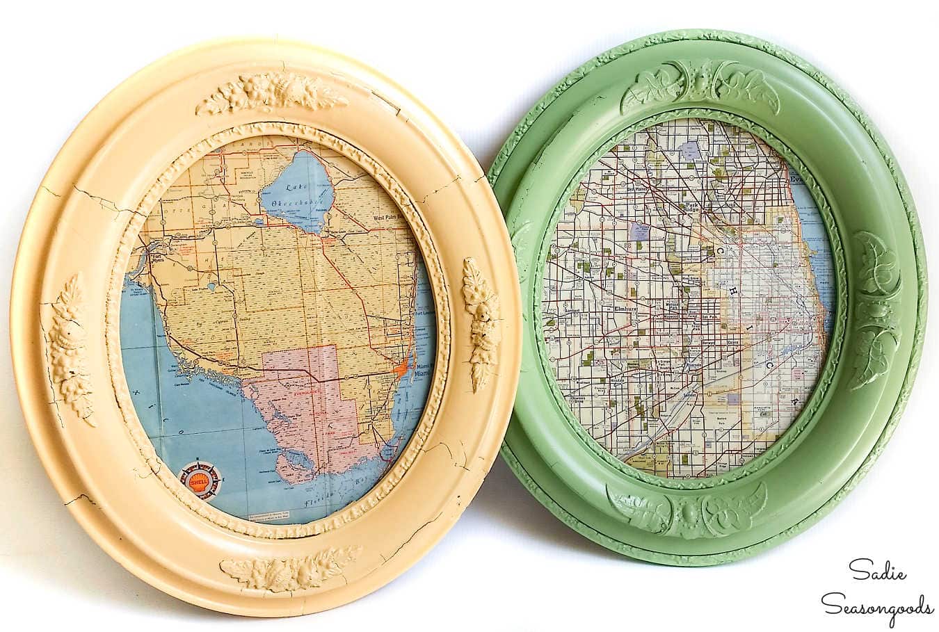 map wall decor in oval frames