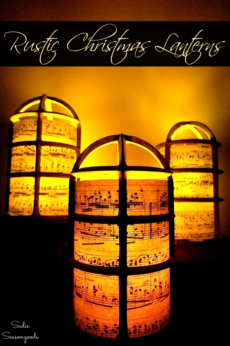 Upcycling the light bulb cages and vintage sheet music into the Christmas luminaries for rustic decor