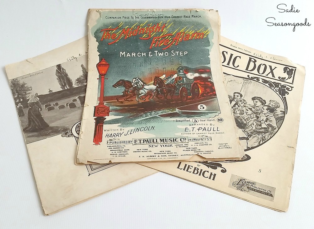 Vintage sheet music or old sheet music to place inside a light bulb cage for rustic Christmas decor