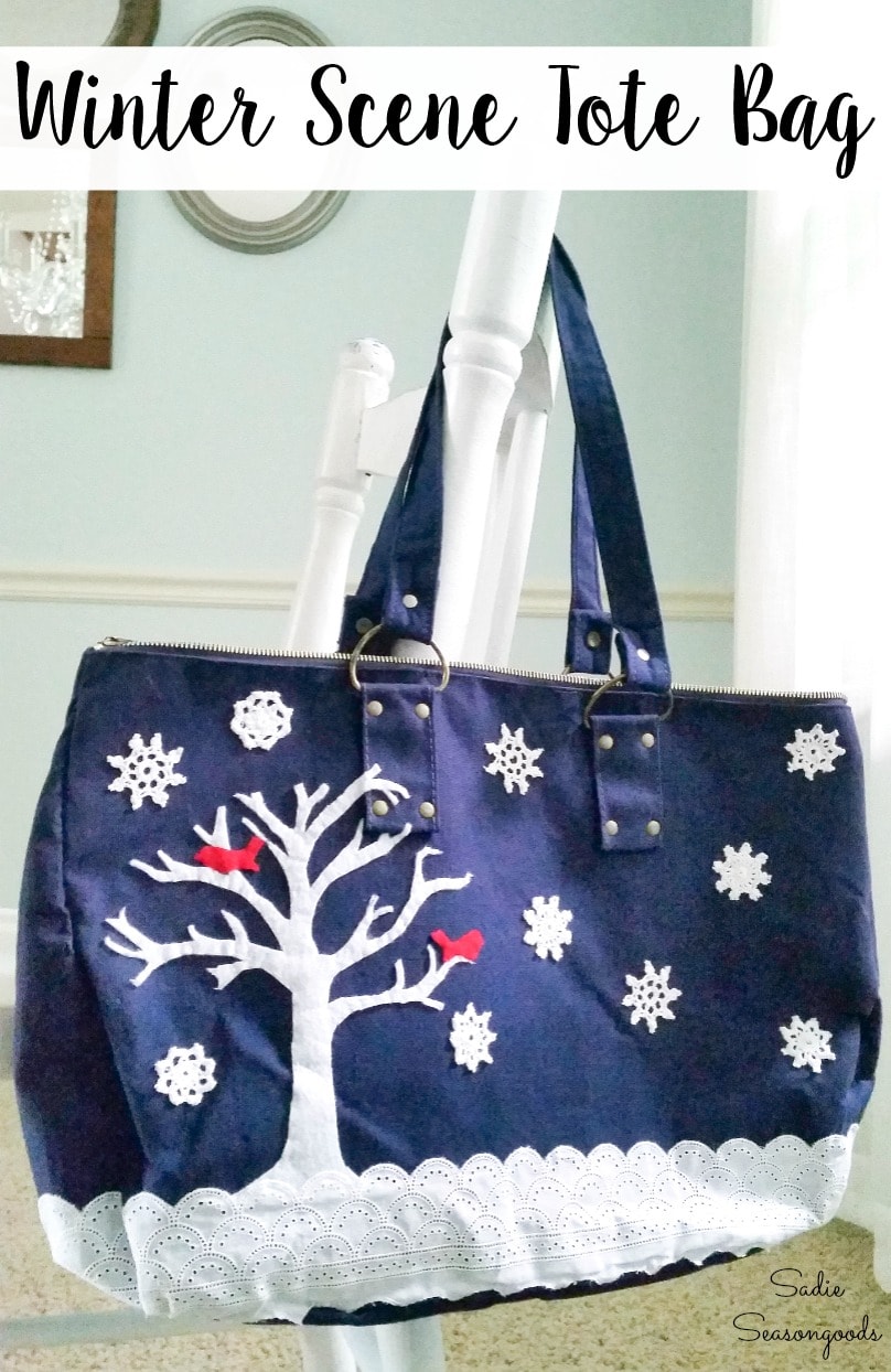 Decorating a tote bag with snowflake doilies