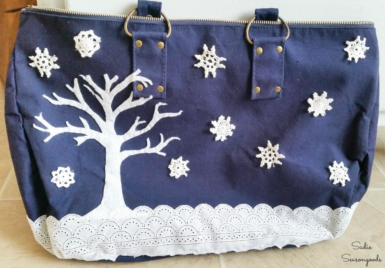 Mini doilies as snowflakes in a snowy scene