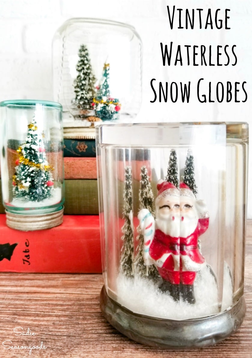 Christmas snowglobes in vintage glass jars