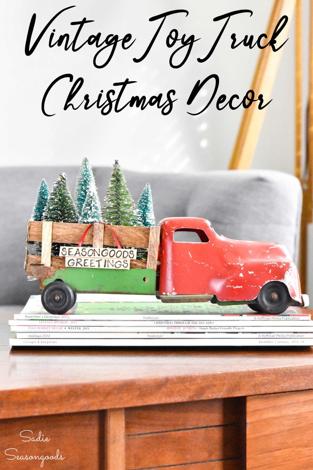 christmas truck decor from a vintage toy truck