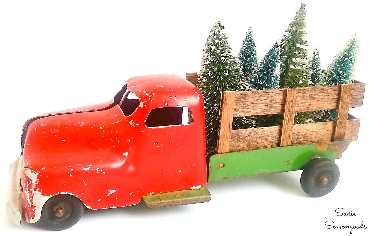 DIY version of red truck with Christmas tree