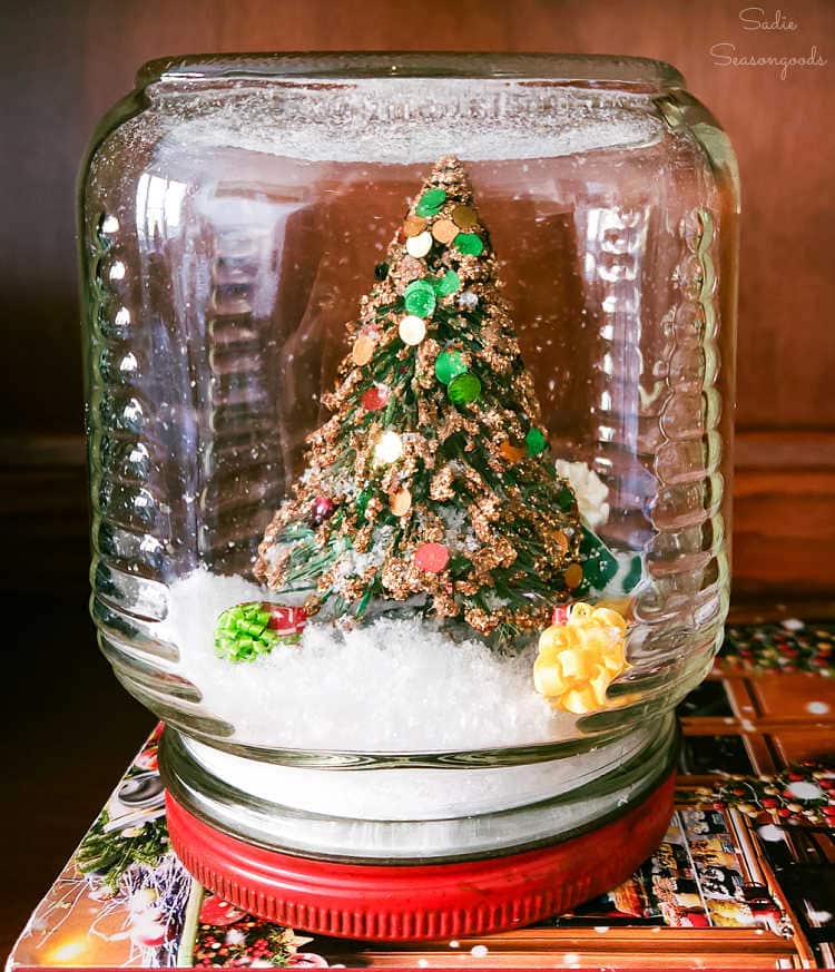 diy christmas snow globe with vintage bottle brush tree
