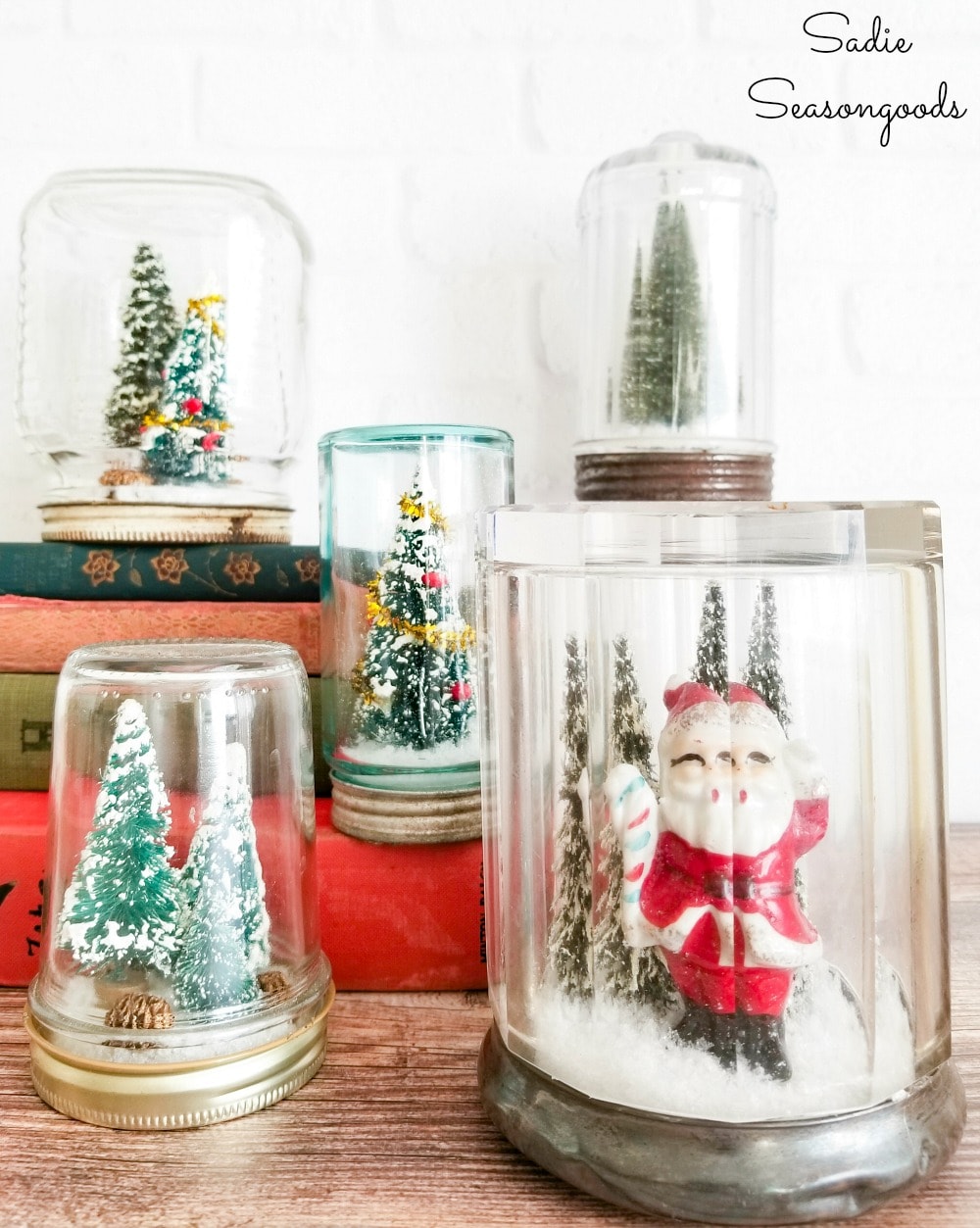 DIY waterless snow globe with vintage Christmas decorations