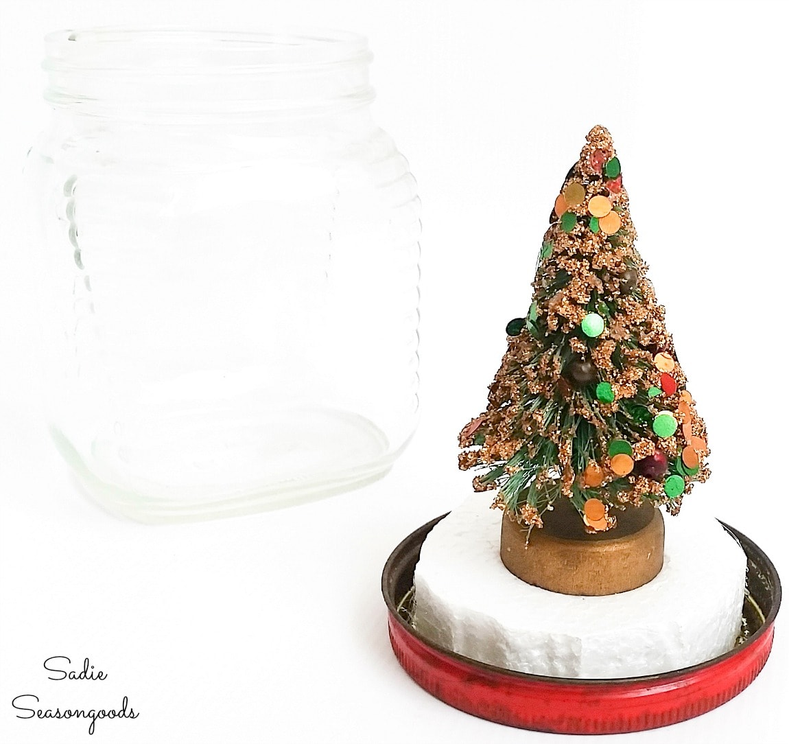 Making a waterless snow globe with a vintage bottle brush tree