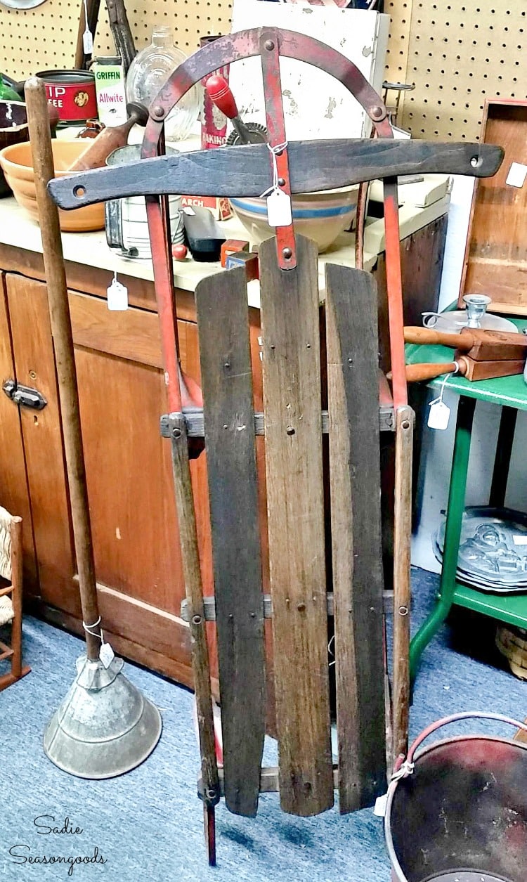 Vintage wooden sled at an antique store