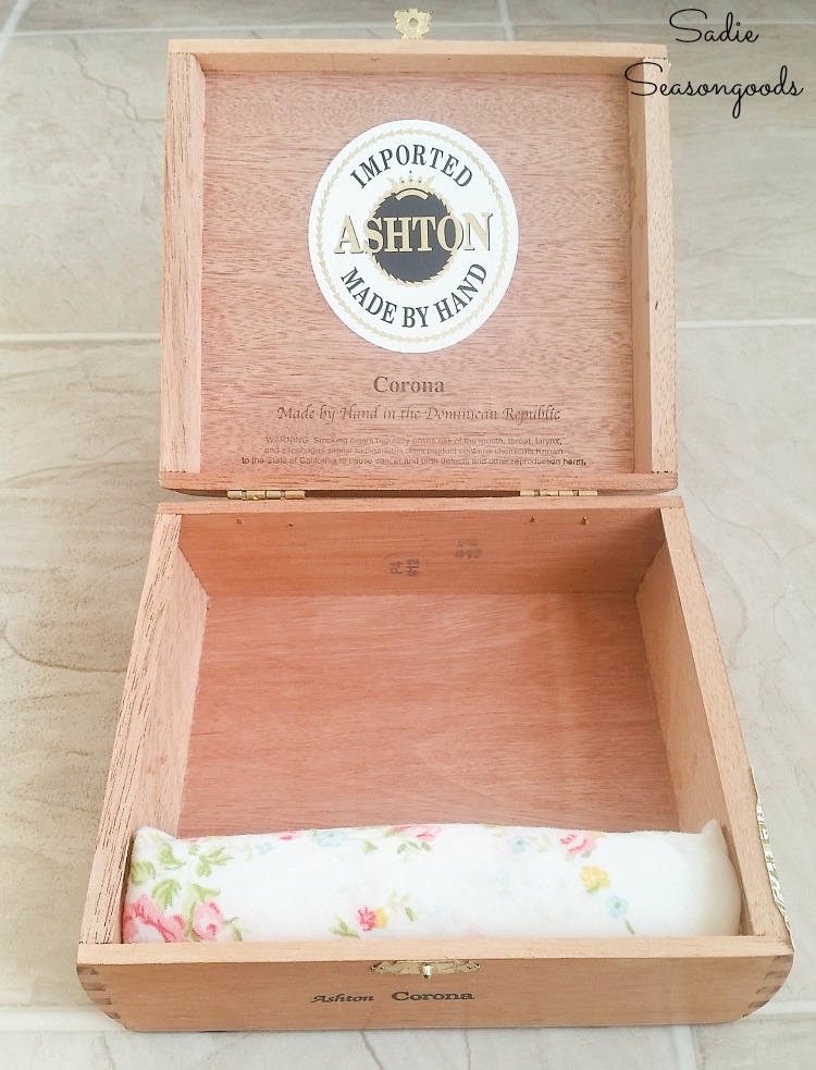 Filling a DIY ring box with ring cushions that were made with quilt batting