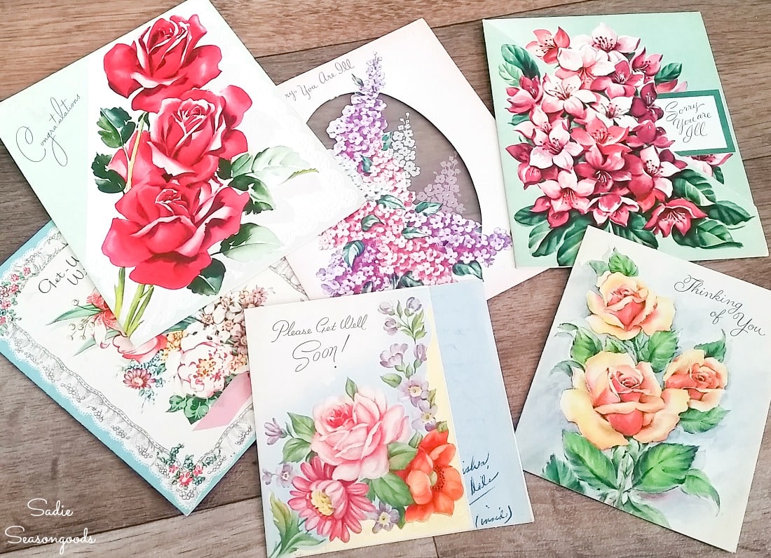 Vintage birthday cards with floral graphics