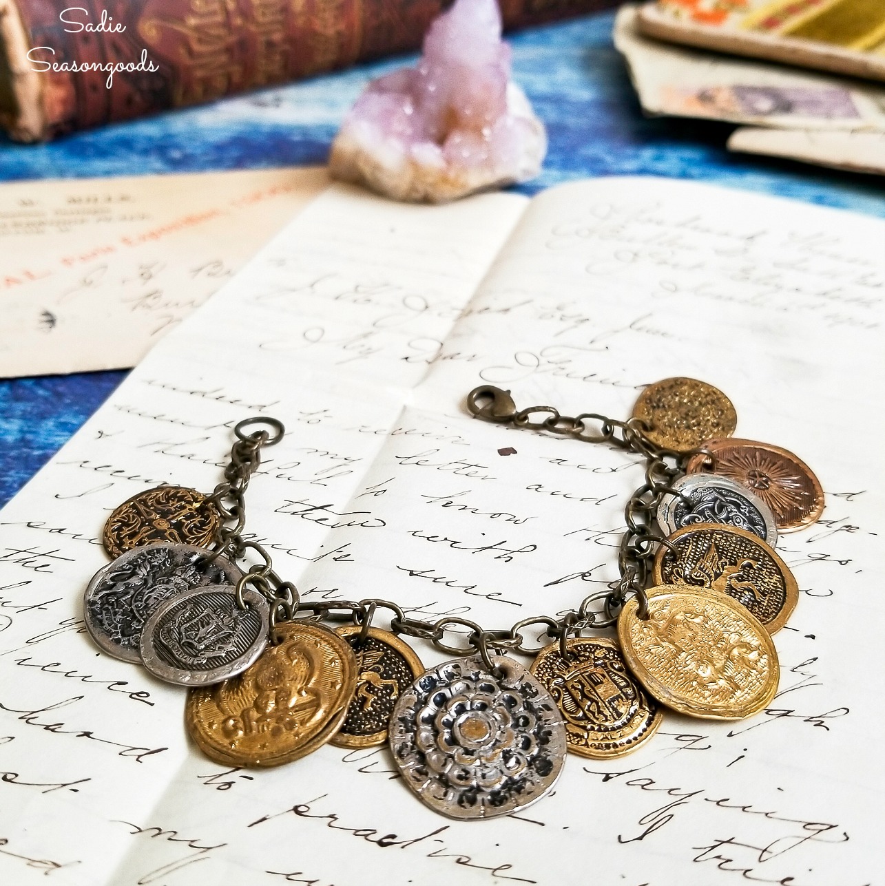 Button jewelry or boho bracelet from upcycling the metal buttons into pirate coins for gypsy jewelry