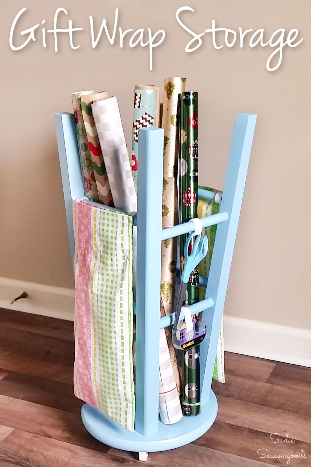 Vertical Wrapping Paper Storage from a Wood Counter Stool