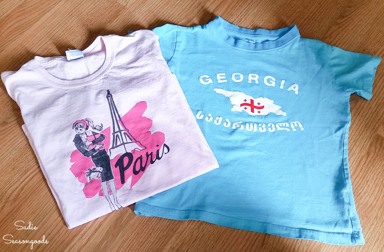 Kids graphic tees from a thrift store for upcycling into the cloth produce bags