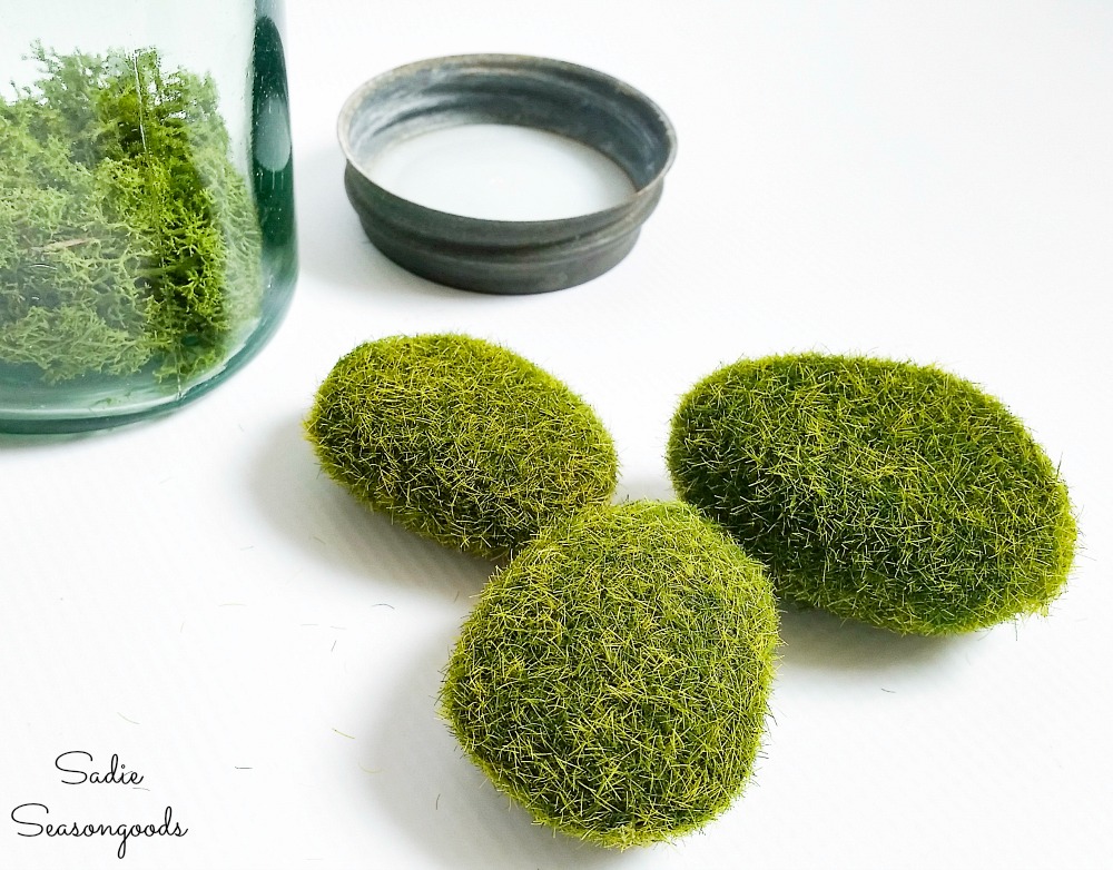 Moss rocks to go in a green mason jar for Irish home decor