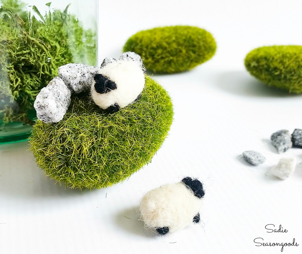 Needle felted sheep as Irish home decor in a green jar