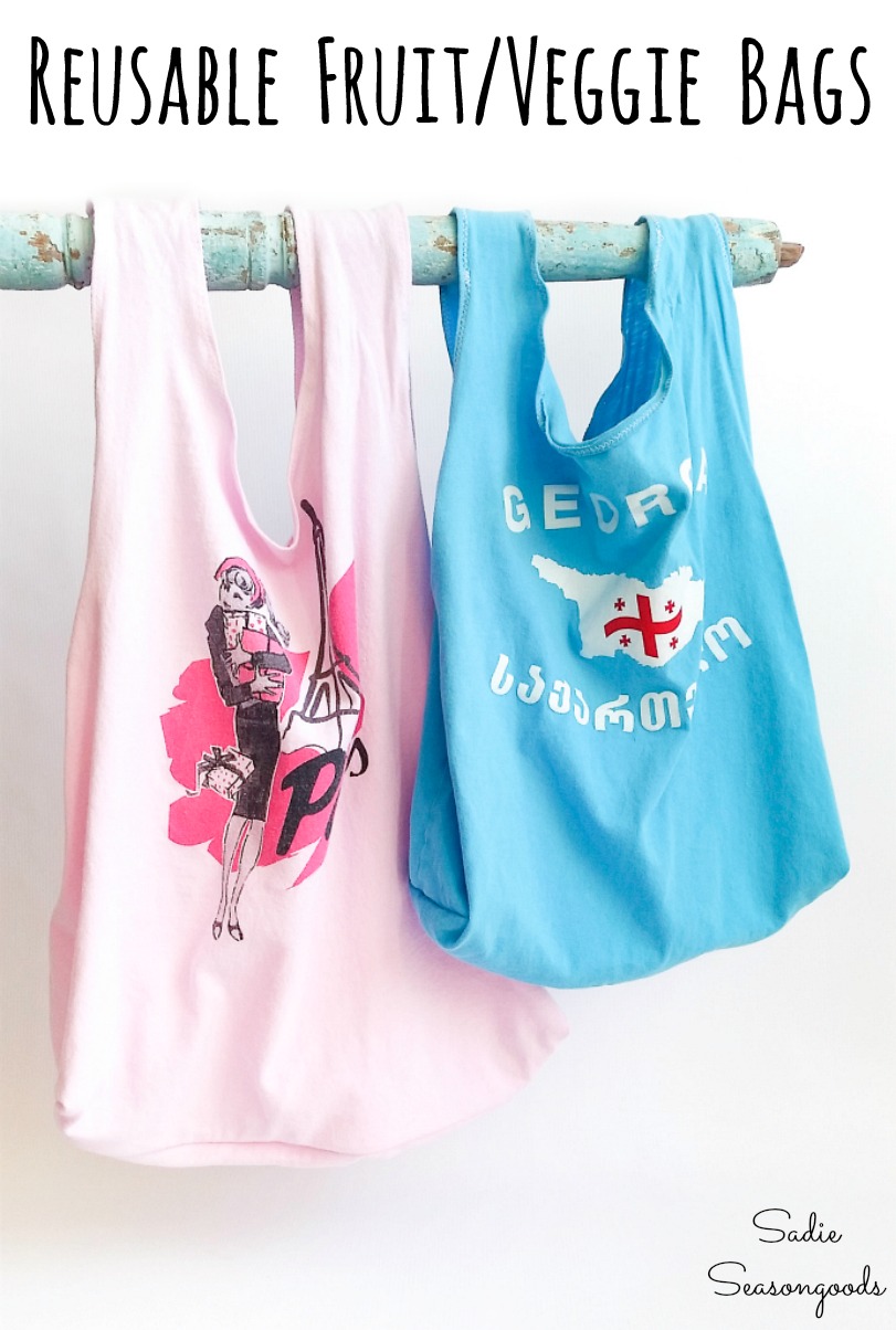 Recycling t shirts into cloth produce bags for fruit and vegetables