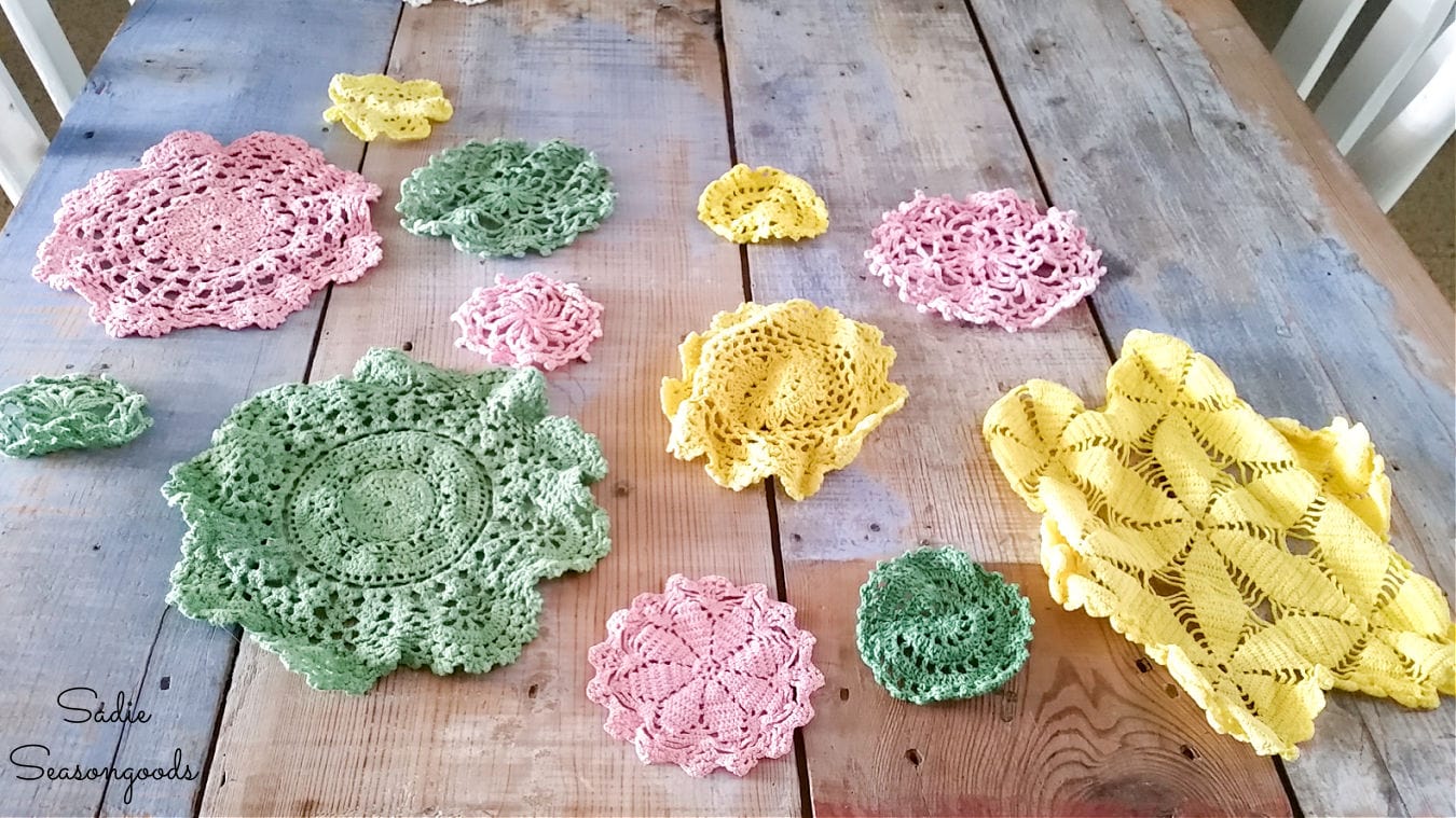 Dyeing doilies for a doily table runner