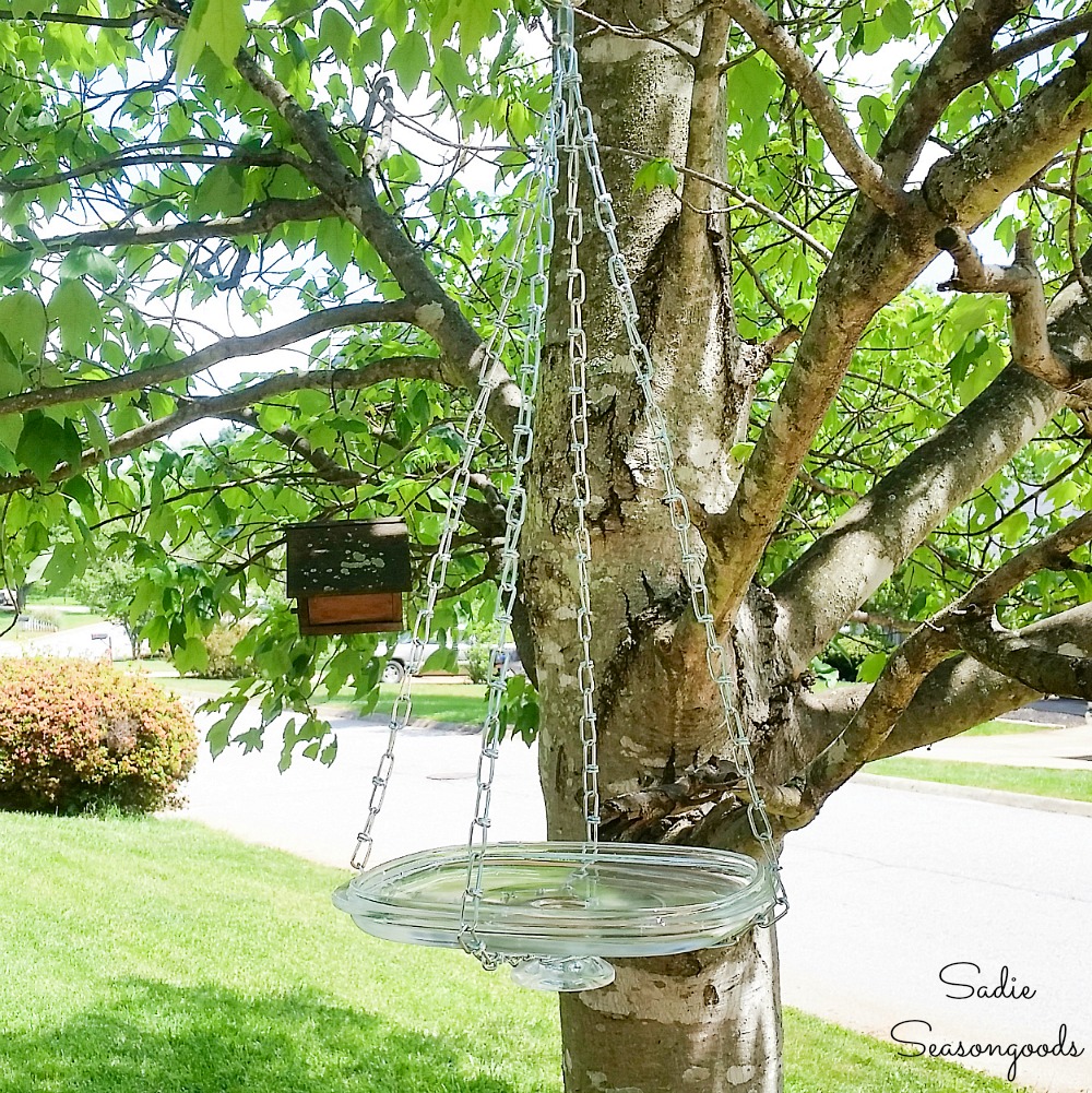 Hanging bird bath by upcycling a glass lid as a bird bath bowl