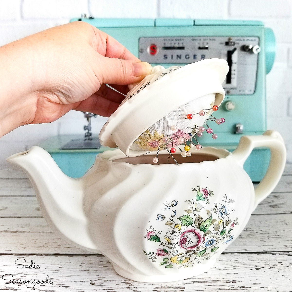 How to upcycle a vintage teapot into a sewing caddy with DIY pin cushion or needle cushion for sewing supplies