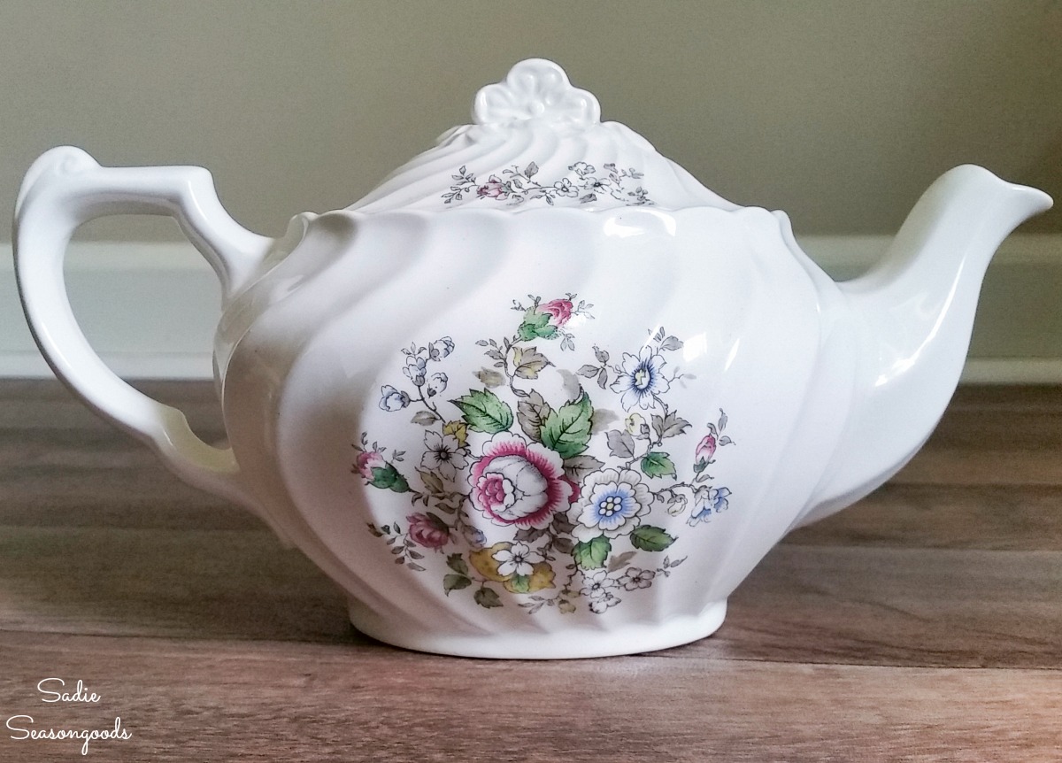 Vintage teapot from the thrift store for upycling into a needle cushion and sewing caddy