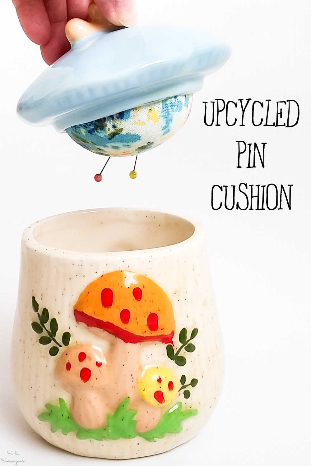 merry mushroom canister as a pin cushion