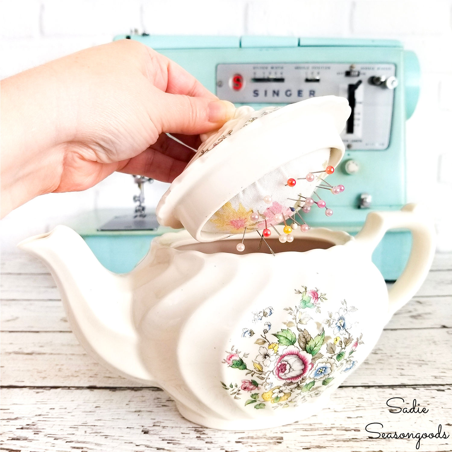 DIY Pin Cushion in a Vintage Teapot