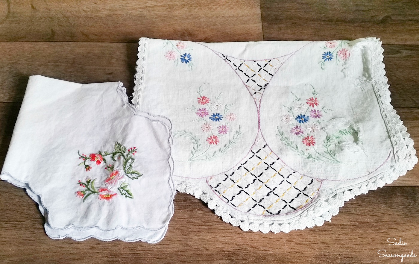 Embroidered linens that are damaged for repurposing projects