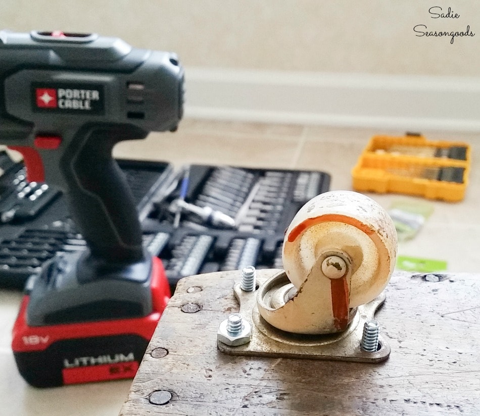 Attaching casters to a vintage wooden crate