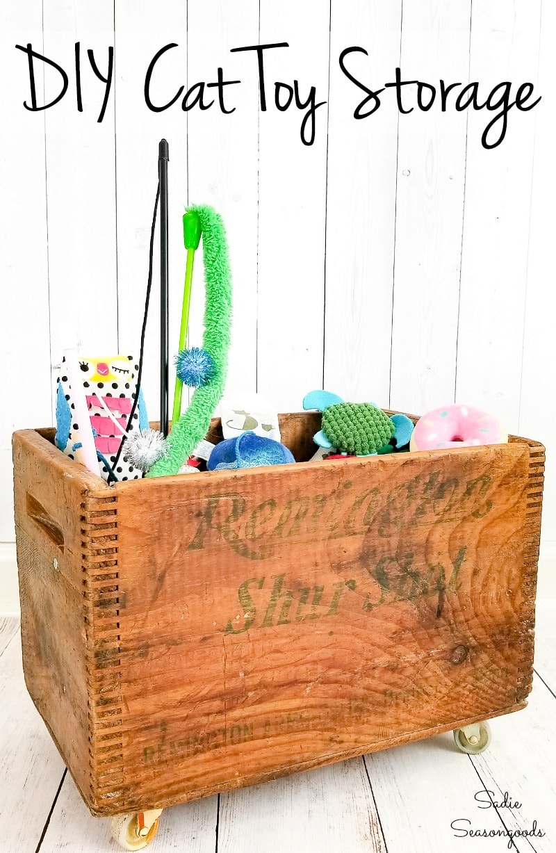 Cat Toy Storage in a Vintage Wooden Crate on Vintage Casters