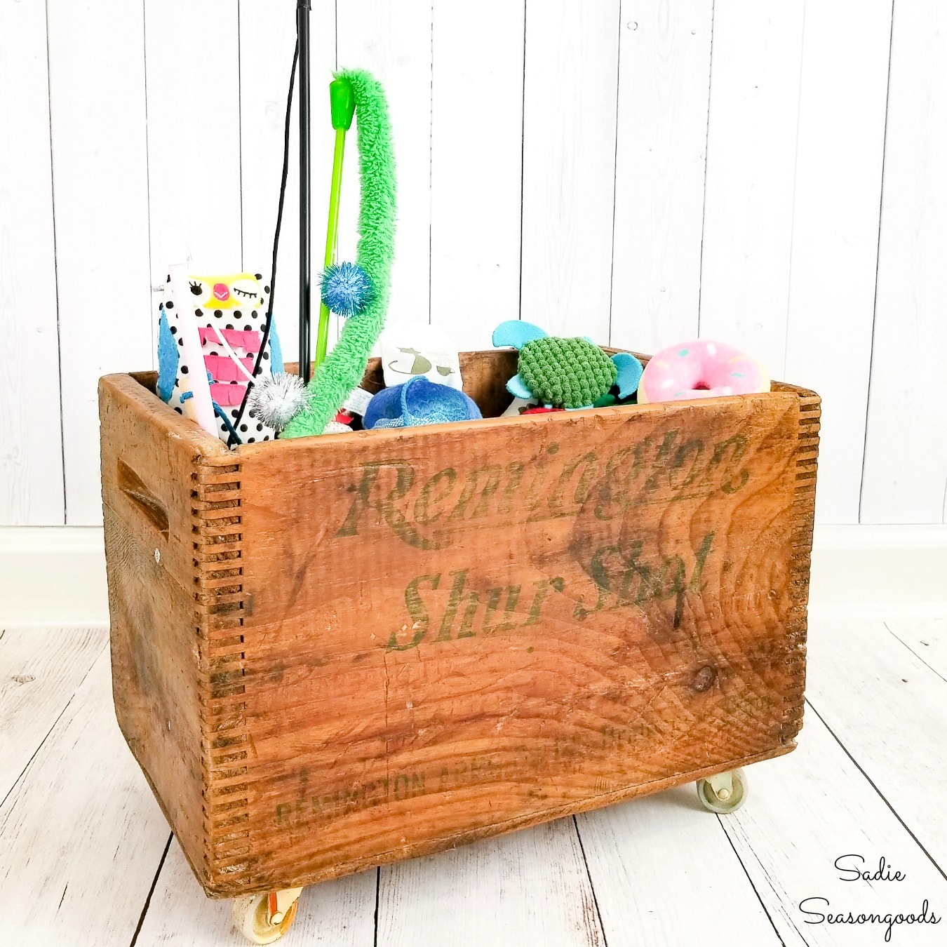 Cat Toy Storage in a Vintage Wooden Crate