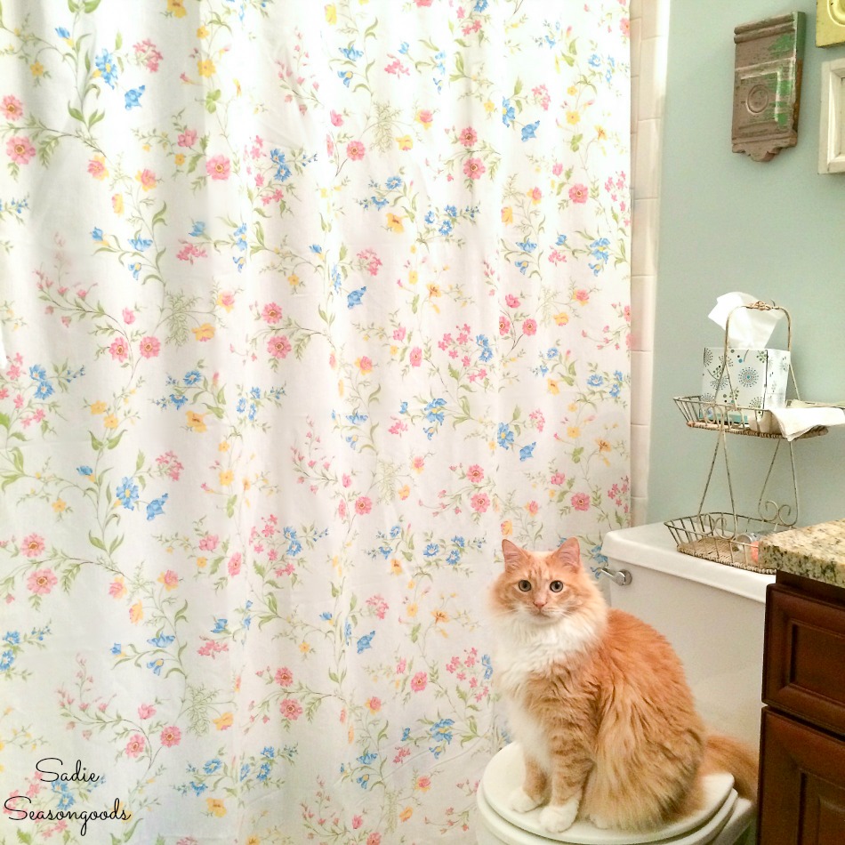 Floral shower curtain from vintage bed sheets for a cottage bathroom