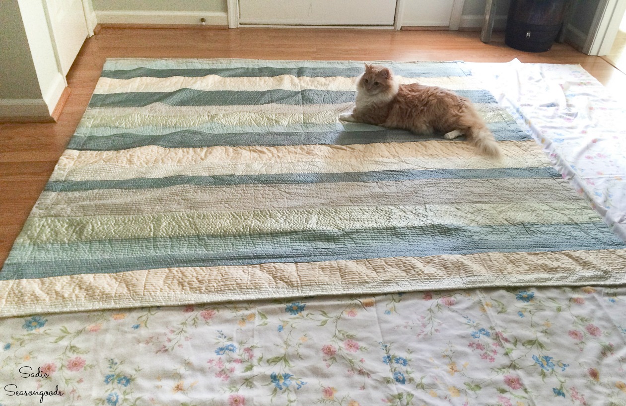 Making a cloth shower curtain from vintage bed sheets