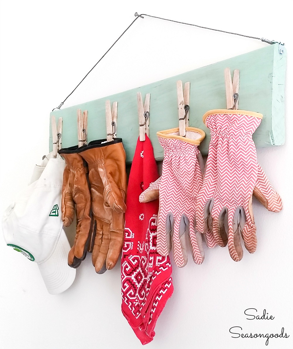 Wooden clipboard and garage wall organizer for gardening gloves